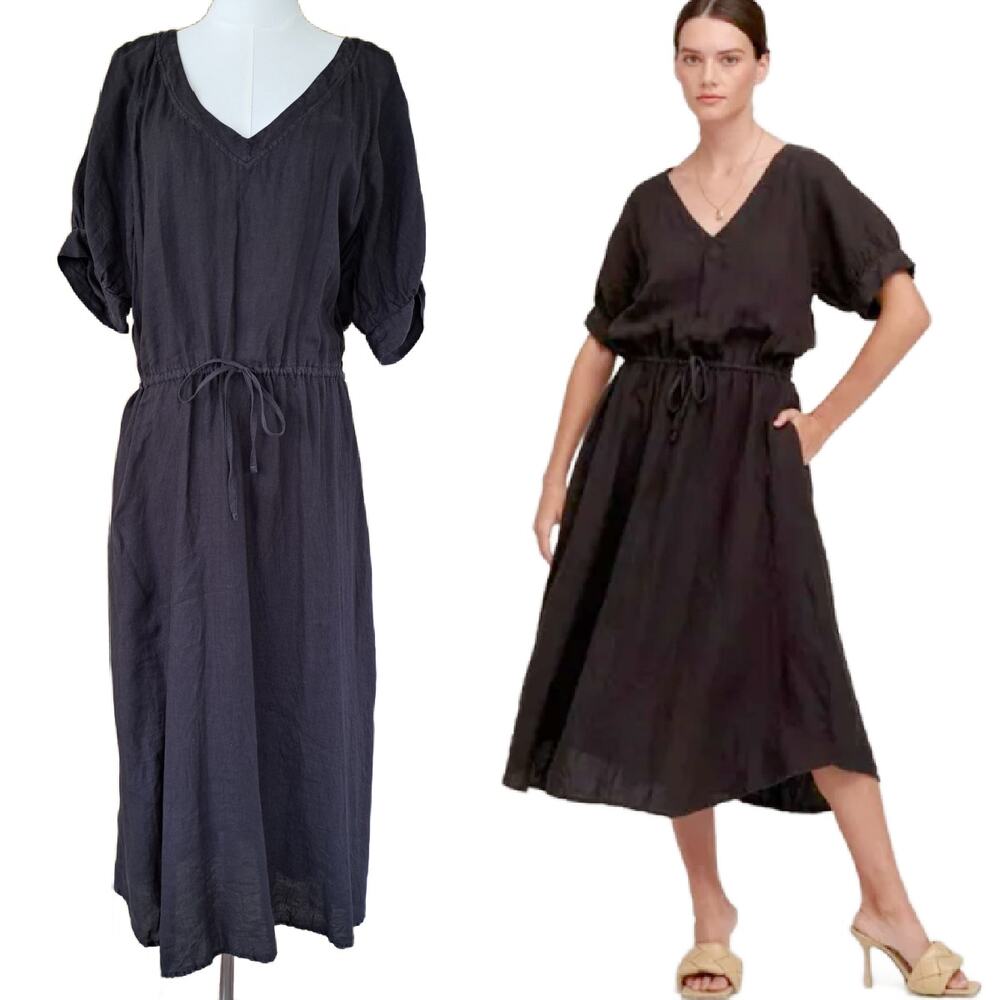 VELVET Graham & Spencer Black 100% Linen Nanette Puff Sleeve Midi Dress Medium